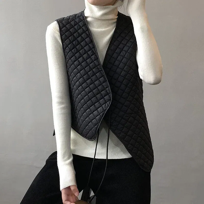 Color: Beige, Size: L - Women Clothes Fashion Casual Diamond Check Cotton Vest 2024 Winter New Girl Temperament Korean style Loose Casual Padded Vest