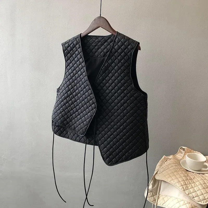 Color: Beige, Size: L - Women Clothes Fashion Casual Diamond Check Cotton Vest 2024 Winter New Girl Temperament Korean style Loose Casual Padded Vest