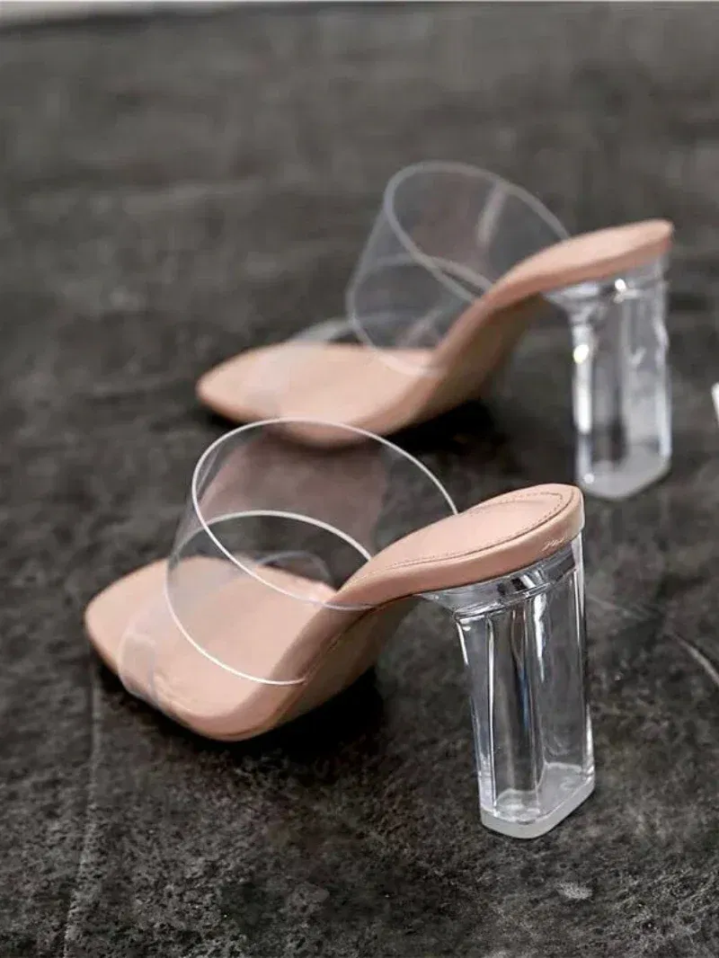 Color: Beige, Shoe Size: 34 - Summer Women Pumps Sandals PVC Jelly Slippers Open Toe High Heels Women Transparent Perspex Slippers Shoes Heel Clear Sandals