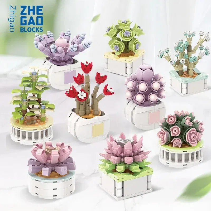Ships From: CHINA, Color: GRAY - Zhegao Cute Succulent Plant Building Blocks Potted Plant Assembly Toy Small Particle Desktop Ornament For Girls