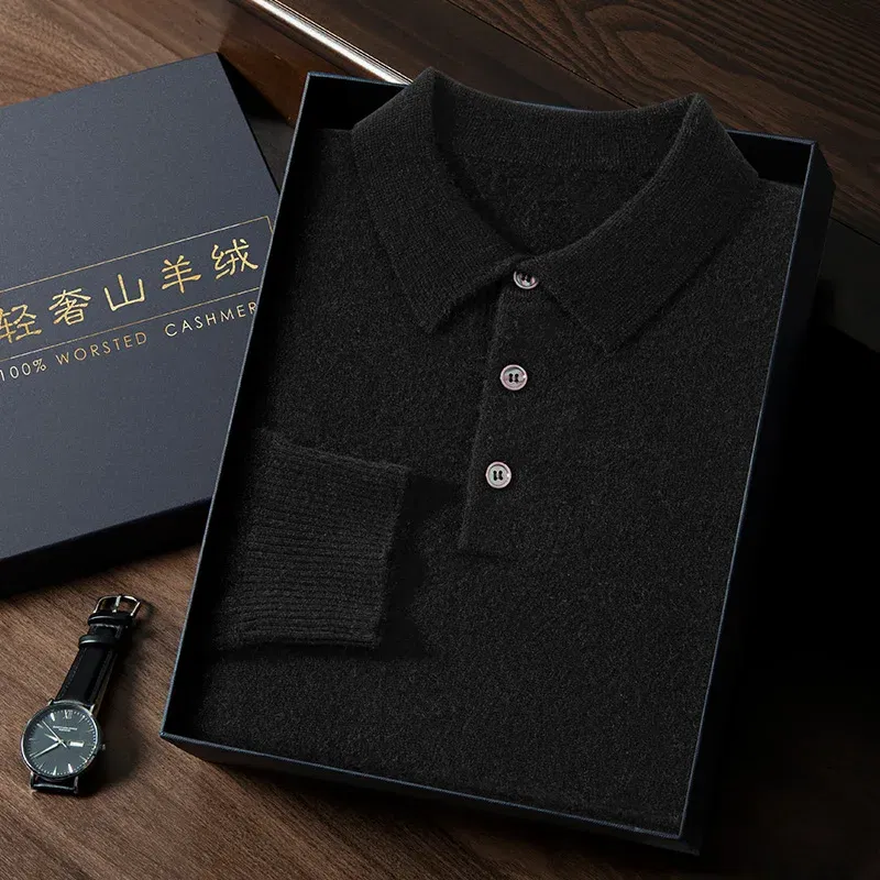 Color: black, Size: L - High Quality Men's 100% Cashmere POLO Collar Pullover Soft Elastic Autumn Winter Business Casual Solid Color Knitted Sweater