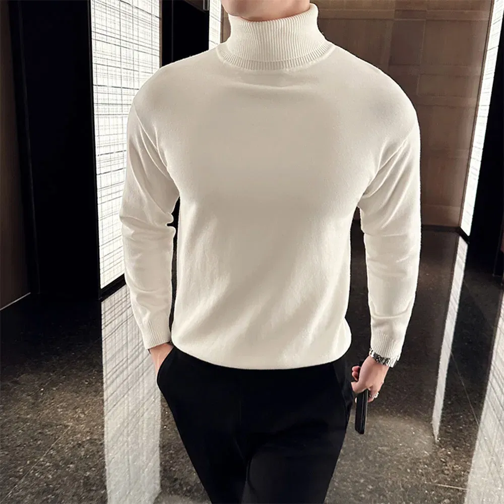 Color: Beige, Size: XXL - Korean Fashion Autumn Winter Sweaters Men Pullovers Fleece Turtleneck Knitted Sweatshirt Warm Bottoming Shirts