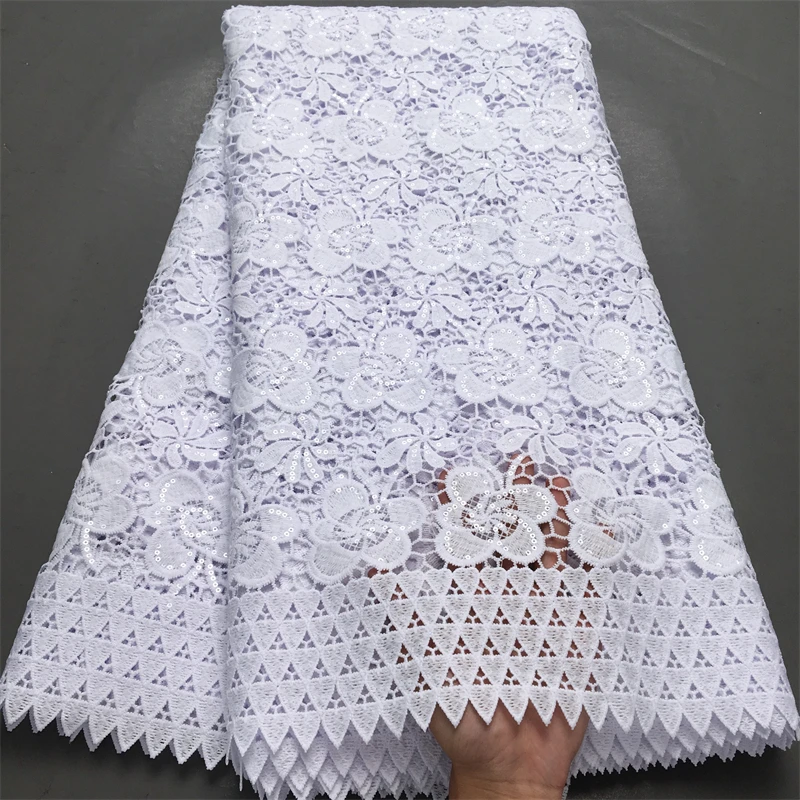 Color: Lilac, Length: 5 yards, Width: 120cm - White Cord Guipure Lace Fabric 2024 High Quality 5Yard African Sequined Lace Fabric Water Soluble Nigerian Party Dress for Women