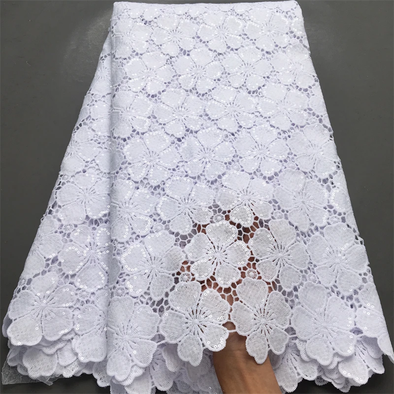 Color: Lilac, Length: 5 yards, Width: 120cm - White Cord Guipure Lace Fabric 2024 High Quality 5Yard African Sequined Lace Fabric Water Soluble Nigerian Party Dress for Women
