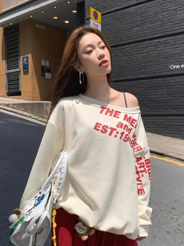 Color: Beige, Size: L - Y2k Sexy Oversize T shirt Women Streetwear Print Long sleeve Basic Top Lady Fall Winter Korean Fashion Oversized Tees Shirt