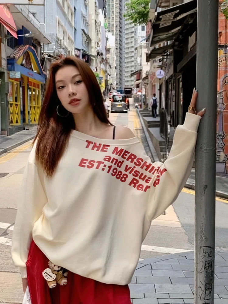 Color: Beige, Size: L - Y2k Sexy Oversize T shirt Women Streetwear Print Long sleeve Basic Top Lady Fall Winter Korean Fashion Oversized Tees Shirt