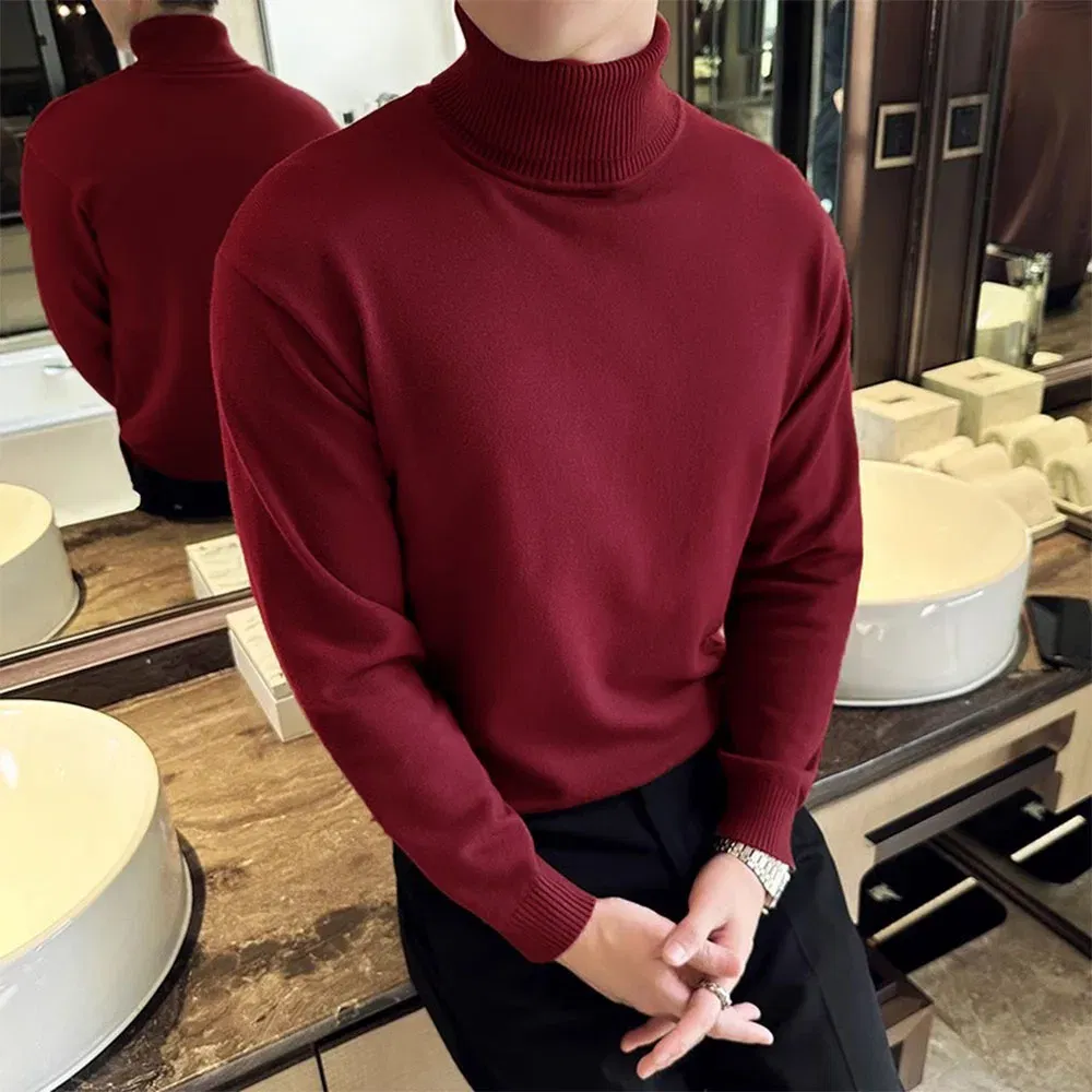 Color: Beige, Size: M - Korean Fashion Autumn Winter Sweaters Men Pullovers Fleece Turtleneck Knitted Sweatshirt Warm Bottoming Shirts