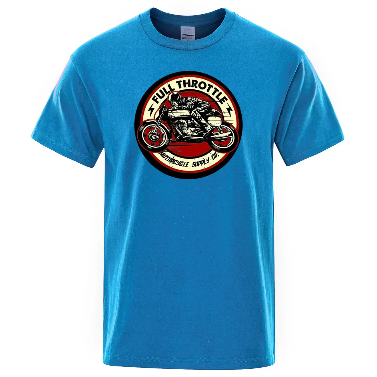 Color: SKY BLUE, Size: XXXL - Full Throttle Cafe Racer Rockabilly Biker Printed T-Shirt Men Fashion Casual Short Sleeve Loose Cotton Tshirt Summer Loose Tees