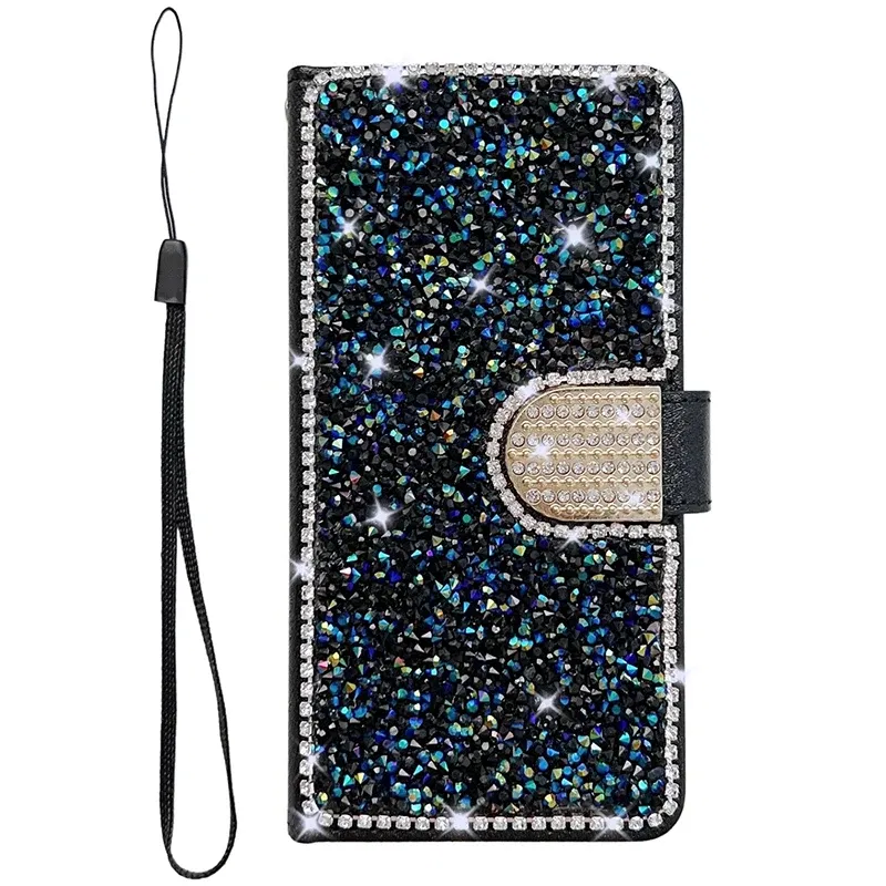 Color: black, Material: PC + TPU - Glitter Diamond Wallet Leather Case For Samsung Galaxy A14 A15 A16 A35 A55 A34 A54 S25 Ultra S24 FE S23 S22 S21 S20 Plus