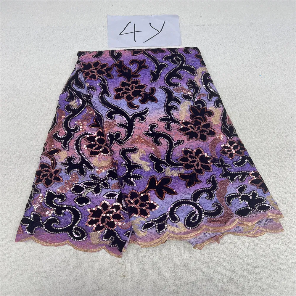 Color: Gray Purpel, Length: 5 yards, Width: 120cm - 2025 African Nigerian Tulle Lace Fabric Sequins Sewing Guipure Beads Stone Embroidery Dresses High Quality 4 Yards