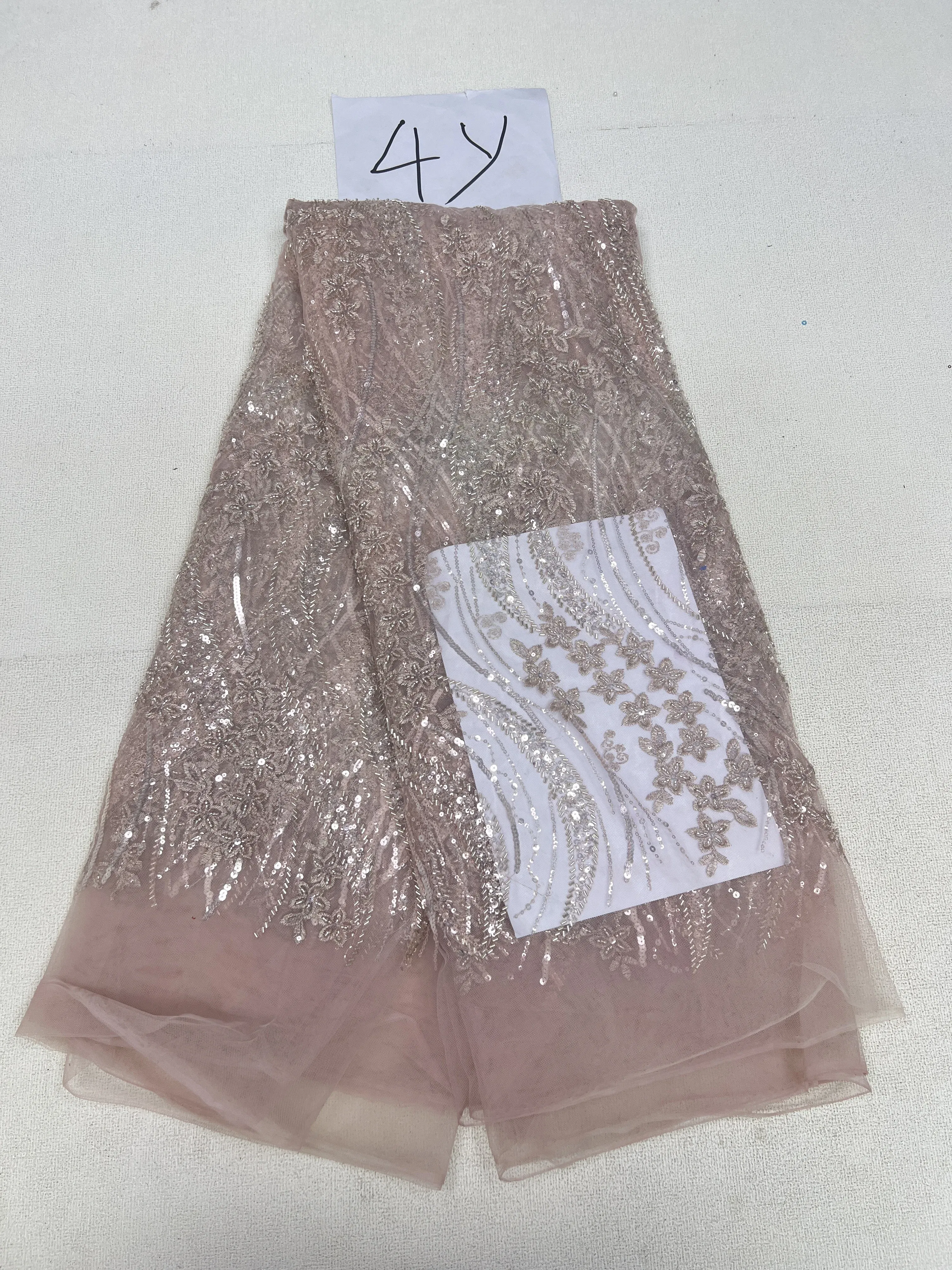 Color: Gray Purpel, Length: 5 yards, Width: 120cm - 2025 African Nigerian Tulle Lace Fabric Sequins Sewing Guipure Beads Stone Embroidery Dresses High Quality 4 Yards