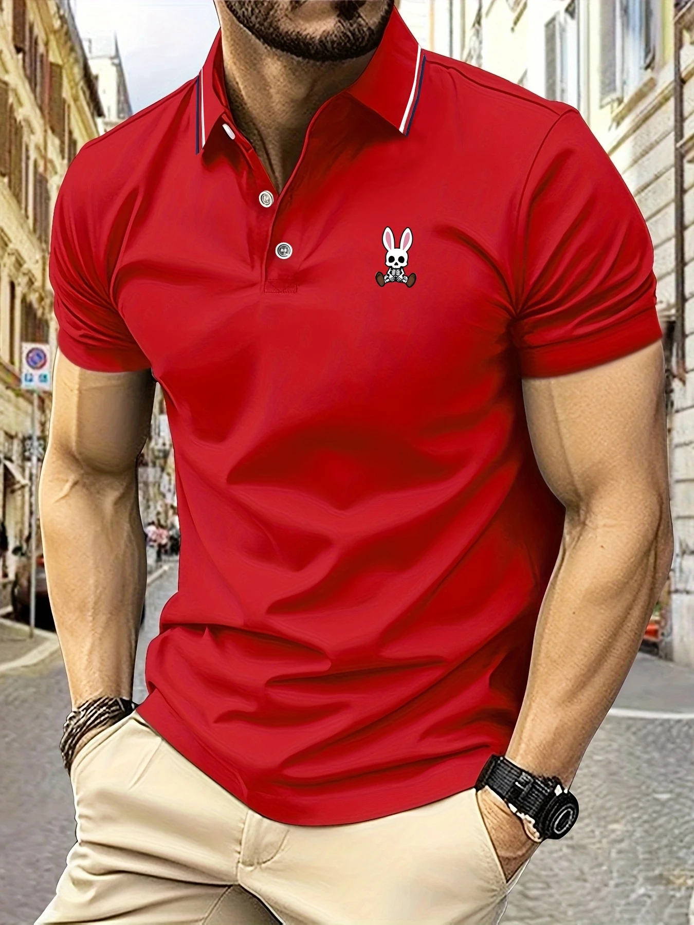 Color: black, Size: XXL - Mens Polo Shirts Skulls Rabbit Print 2025 New Summer Lapel Stripes Men Short Sleeve Casual Breathable Light Luxury T-Shirt