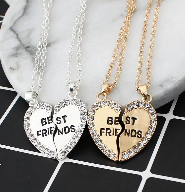 Metal Color: SILVER PLATED - 2 Pcs/set Love English Pendant Alloy Ornaments Fashion Best Friends Heart Necklace Good Friends Choker Statement Necklace