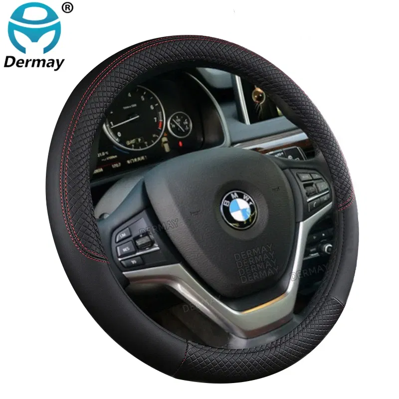 Color Name: Red - 9 Color Sport Auto Steering Wheel Covers Anti-Slip Leather Car Steering-wheel Cover Car-styling Anti-catch Holder Protor