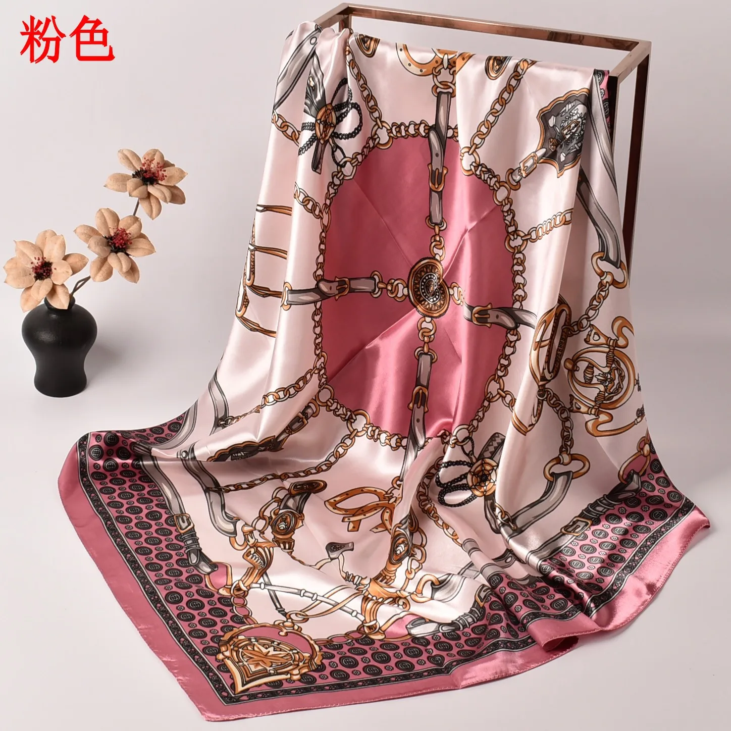 Color: Red - New Chain Square Scarf 90*90 Silk Color Ding Da Square Scarf Yiwu Spot Wholesale