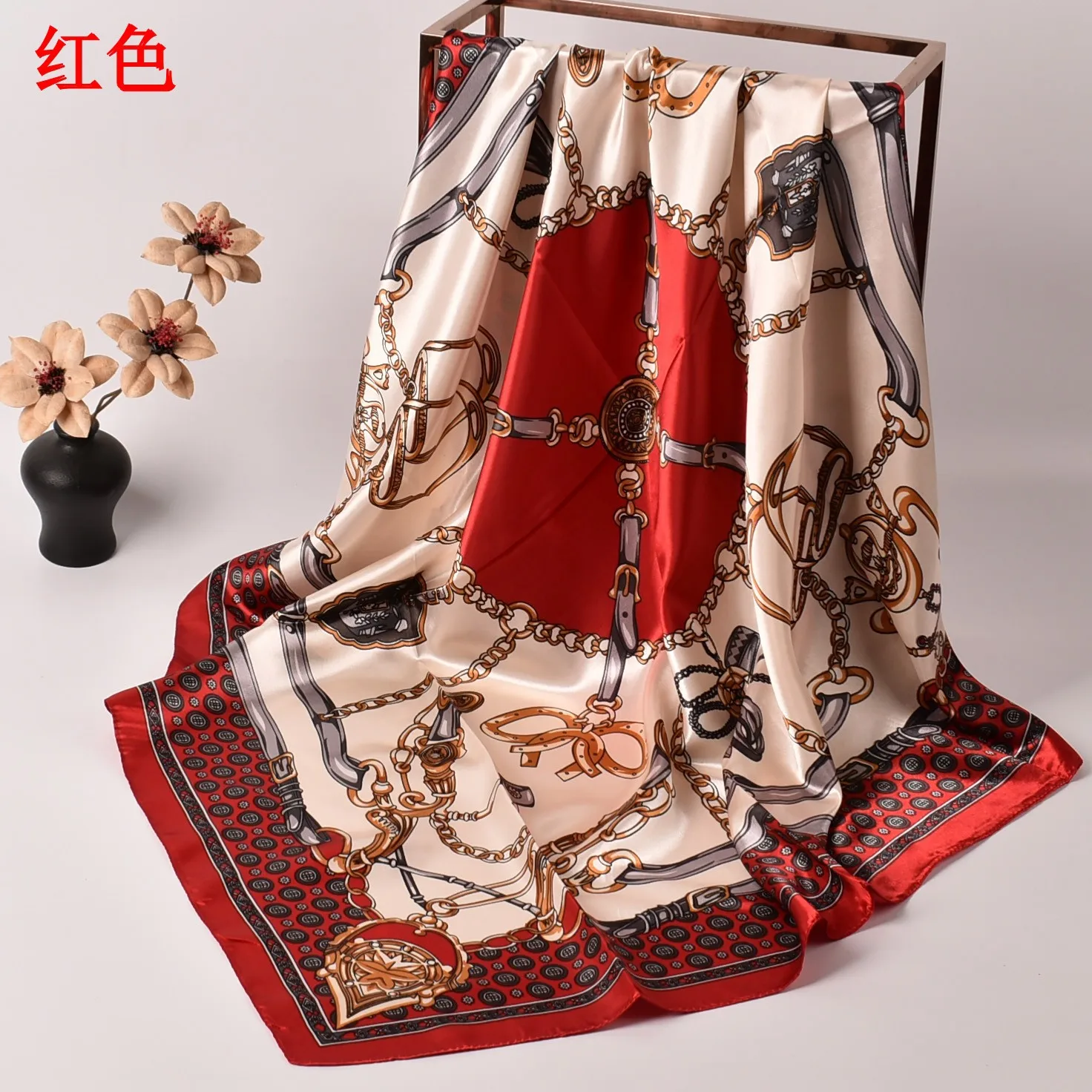 Color: Red - New Chain Square Scarf 90*90 Silk Color Ding Da Square Scarf Yiwu Spot Wholesale