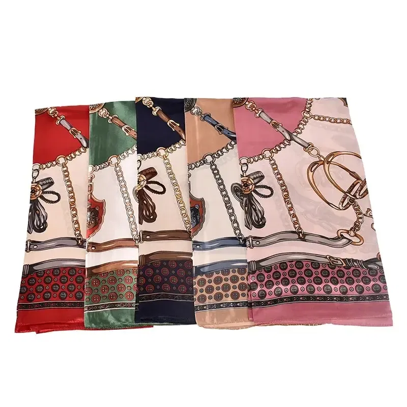Color: Red - New Chain Square Scarf 90*90 Silk Color Ding Da Square Scarf Yiwu Spot Wholesale