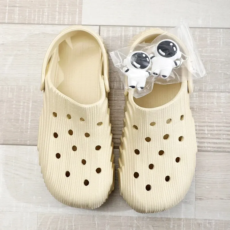 Shoe Size: 33.5, Color: Beige - 2024 New Fashion Women Slippers DIY Astronaut Spaceman Button Slides Non-slip Flat Sandals Beach Slippers Plus Size Women Shoes