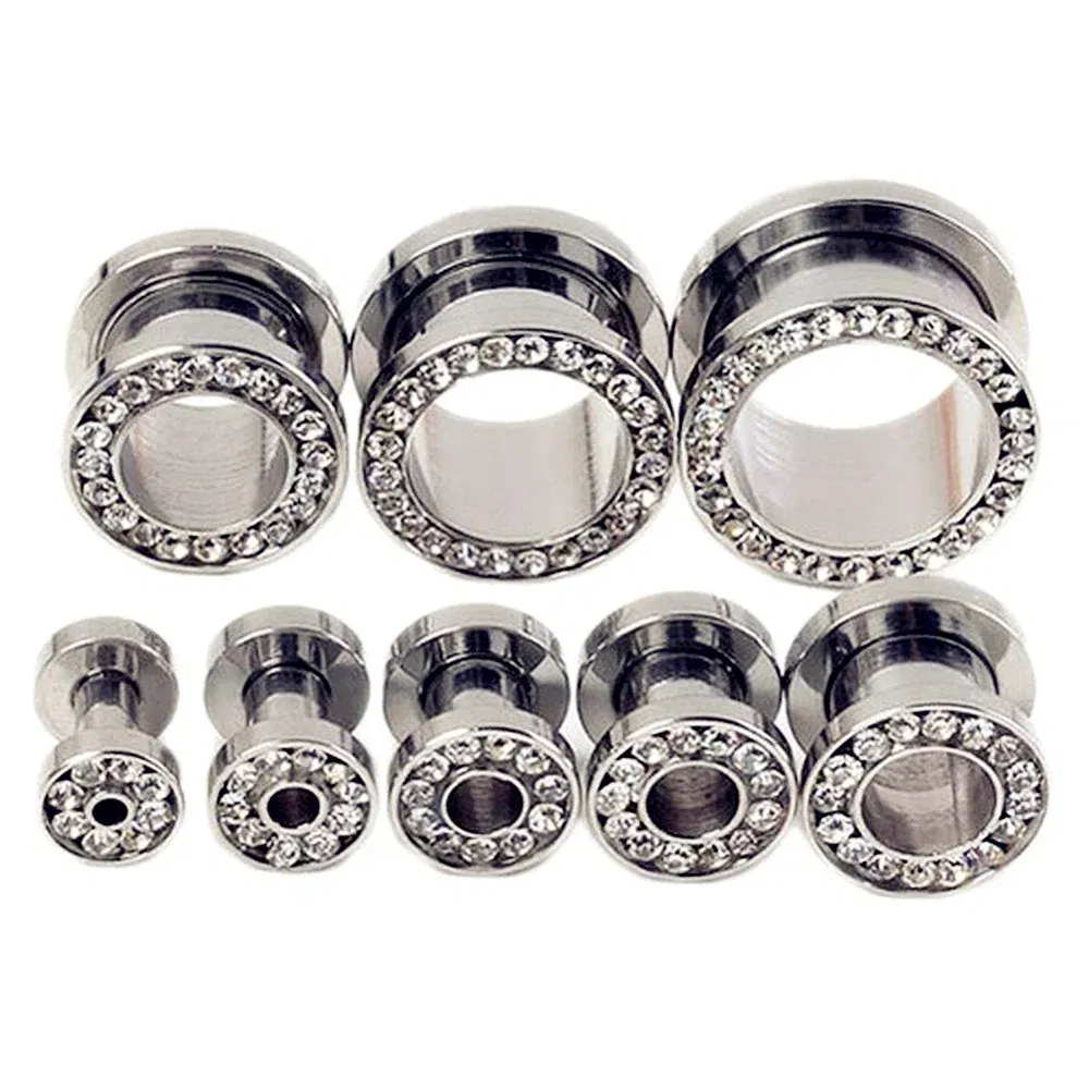 Metal color: Light Yellow Gold Color, Main Stone Color: Silver - 2pc Steel Multicolour Crystal Ear Plug Flesh Tunnel 8g ( 3mm ) - 1" ( 25mm ) Gauge Expander Stretcher Screw Fit