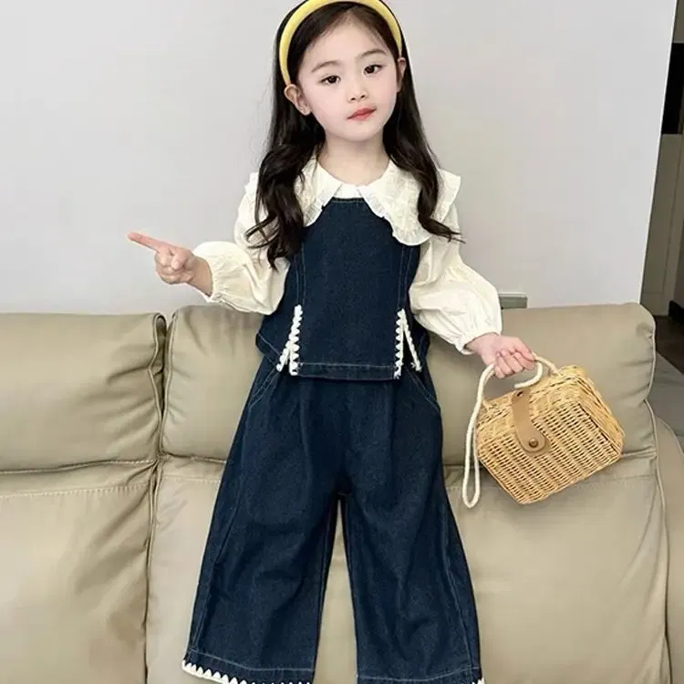 Color: Beige, Kid Size: 2T - Children's Sets 2025 Fall Girls' Denim Vest Set Stylish Shirt + Suspenders Outfit Trendy Toddler 2-Piece Jacket Ensemble