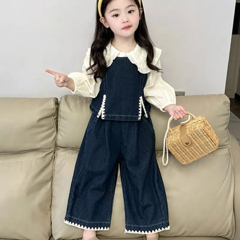 Color: Beige, Kid Size: 2T - Children's Sets 2025 Fall Girls' Denim Vest Set Stylish Shirt + Suspenders Outfit Trendy Toddler 2-Piece Jacket Ensemble