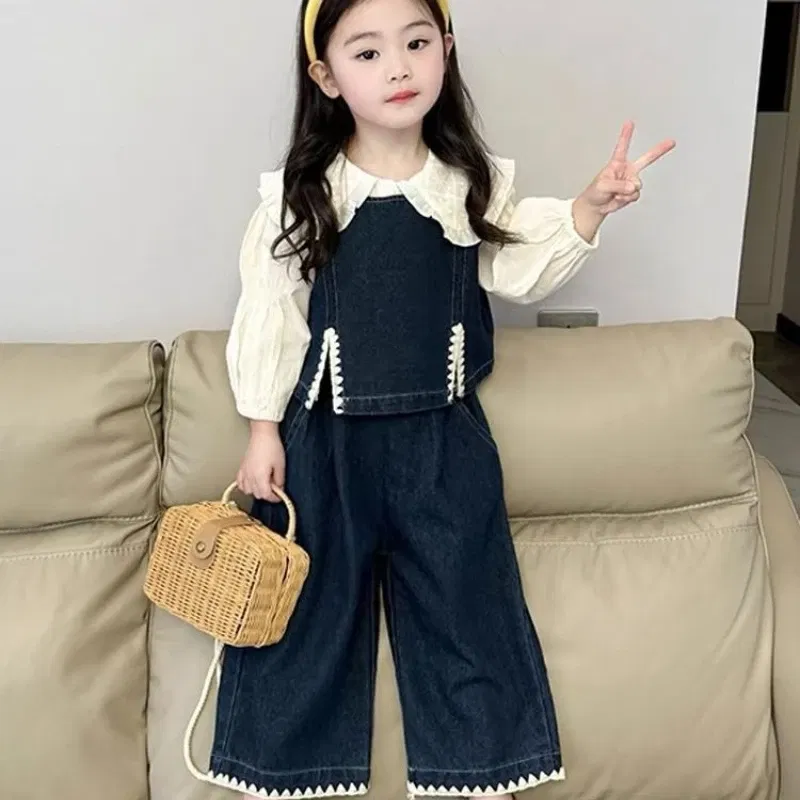 Color: Beige, Kid Size: 2T - Children's Sets 2025 Fall Girls' Denim Vest Set Stylish Shirt + Suspenders Outfit Trendy Toddler 2-Piece Jacket Ensemble