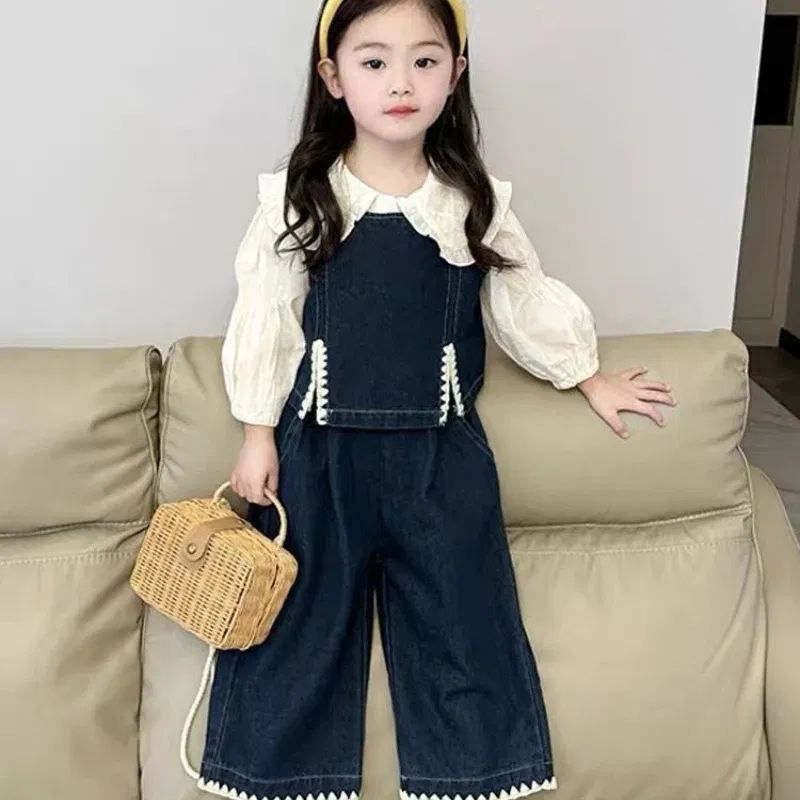 Color: Beige, Kid Size: 2T - Children's Sets 2025 Fall Girls' Denim Vest Set Stylish Shirt + Suspenders Outfit Trendy Toddler 2-Piece Jacket Ensemble