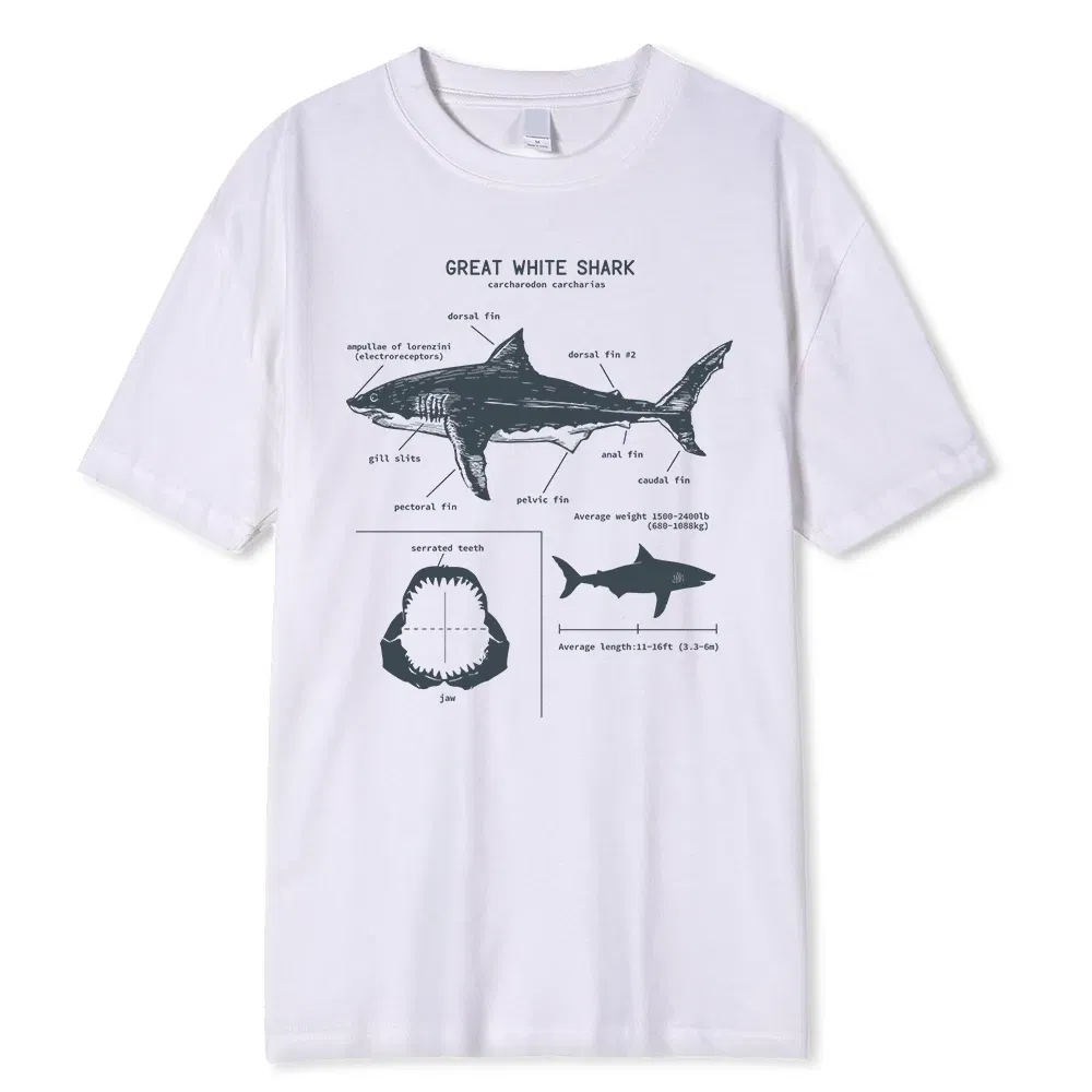 Color: Beige, Size: XL - Great White Shark Anatomy T-Shirt New Summer Men Street Short Sleeve Hip Hop Punk Style Boy Casual Tops Fashion White Tees