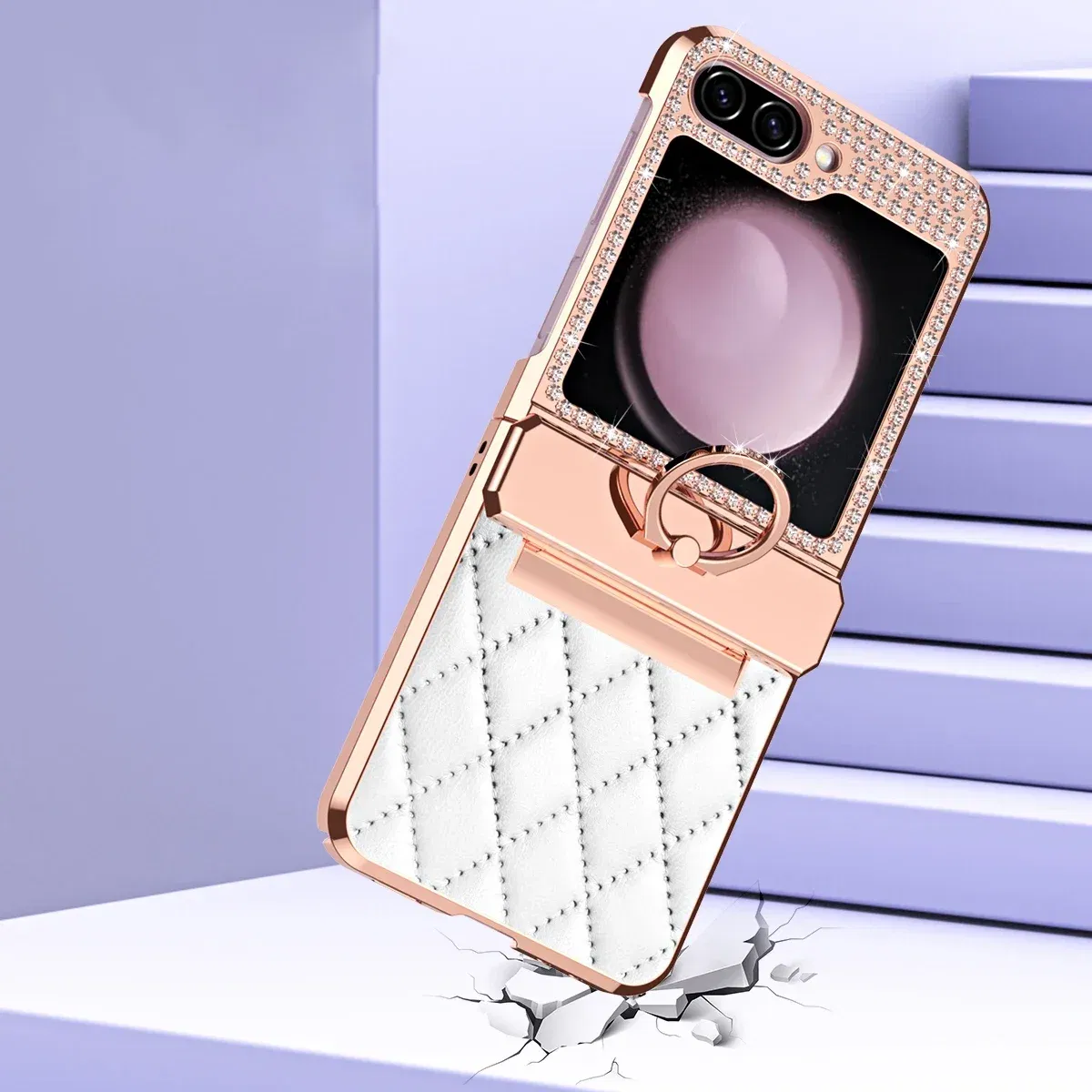 Color: Sky blue, Material: ABS - Diamonds Leather Plating Ring Holder Case For Samsung Galaxy Z Flip 5 4 3 5G Shockproof Hinge Protection Cover For Z Flip5