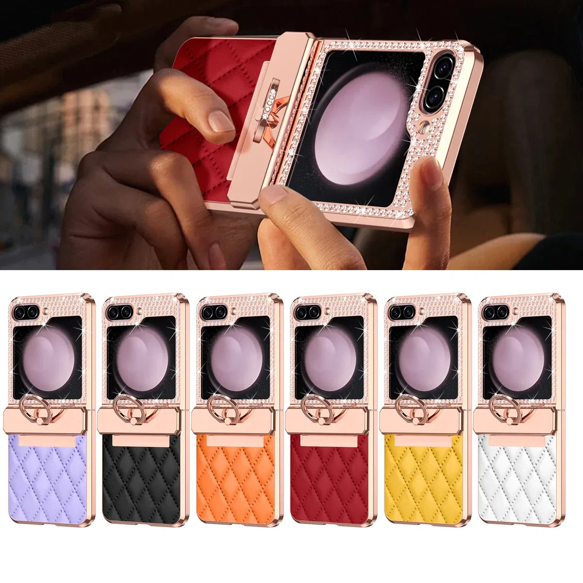 Color: Sky blue, Material: ABS - Diamonds Leather Plating Ring Holder Case For Samsung Galaxy Z Flip 5 4 3 5G Shockproof Hinge Protection Cover For Z Flip5