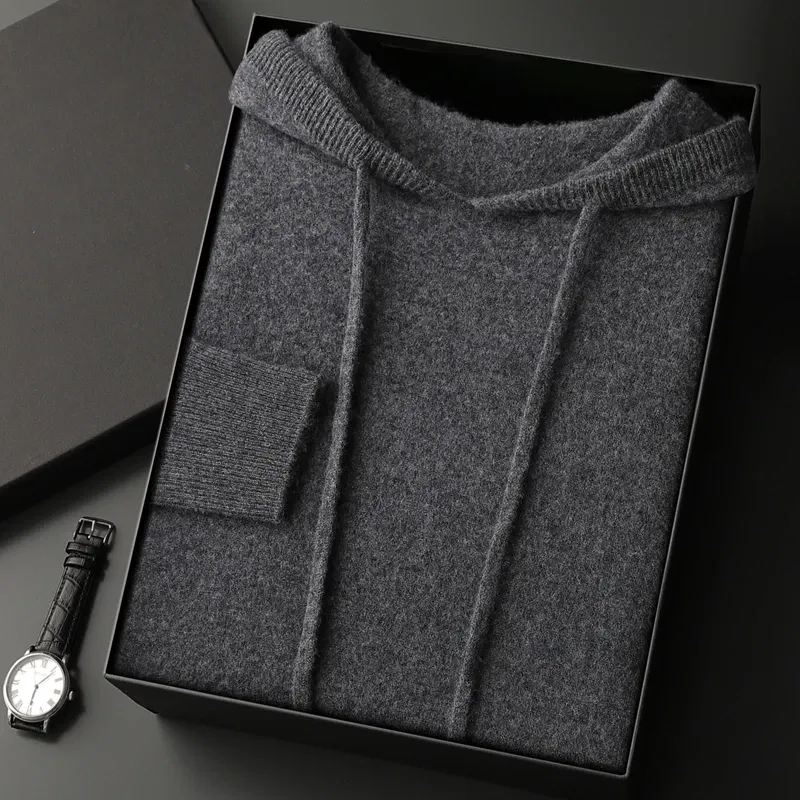 Color: Dark Grey, Size: XL - MEETCC Luxury Men Cashmere Hooded Pullover Thick Warm Hoodie Sweater Autumn Winter 100% Cashmere Knitwear Quality Jumpers Tops
