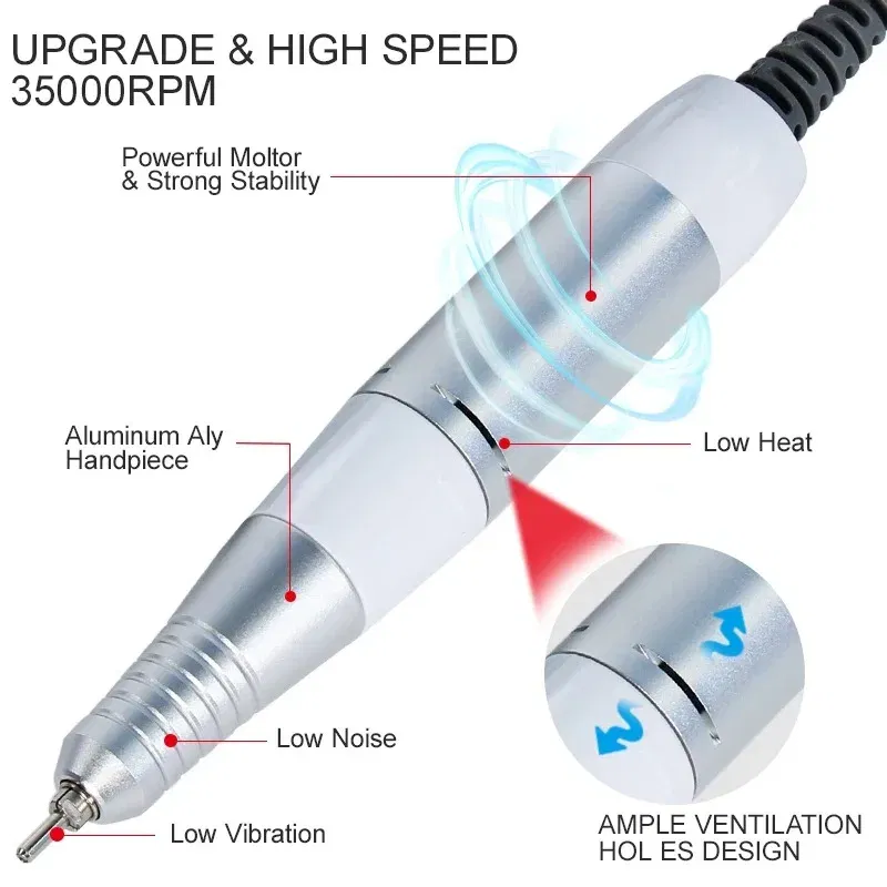 Color: WHITE - Electric Nail Drill Pen Handle File Polish Grind Machine Handpiece Manicure Pedicure Tool DC & 3 PIN PLUG Nail Drill Accessories