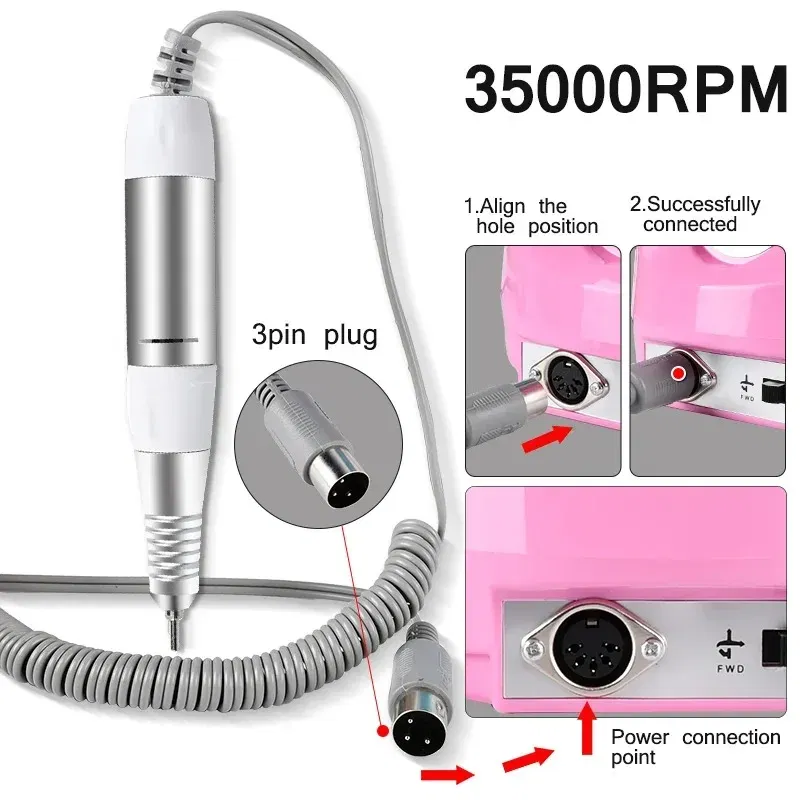 Color: WHITE - Electric Nail Drill Pen Handle File Polish Grind Machine Handpiece Manicure Pedicure Tool DC & 3 PIN PLUG Nail Drill Accessories