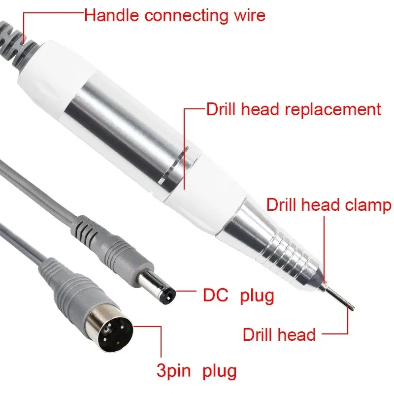 Color: WHITE - Electric Nail Drill Pen Handle File Polish Grind Machine Handpiece Manicure Pedicure Tool DC & 3 PIN PLUG Nail Drill Accessories