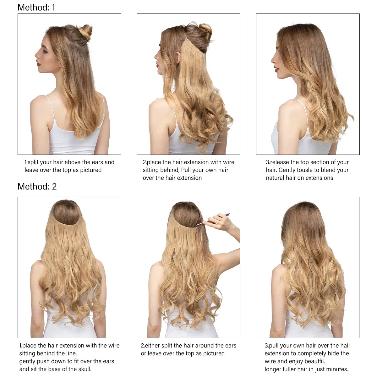 Color: P1B/613, Stretched Length: 14inches - Synthetic No Clip Wave Hair Extensions Ombre Natural Black Blonde Pink One Piece False Hairpiece Fish Line Fake Hair Piece
