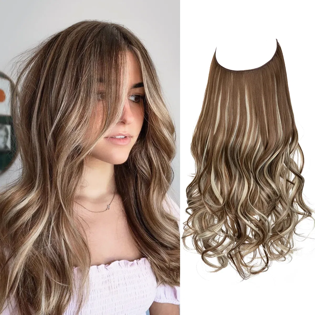 Color: P1B/613, Stretched Length: 14inches - Synthetic No Clip Wave Hair Extensions Ombre Natural Black Blonde Pink One Piece False Hairpiece Fish Line Fake Hair Piece