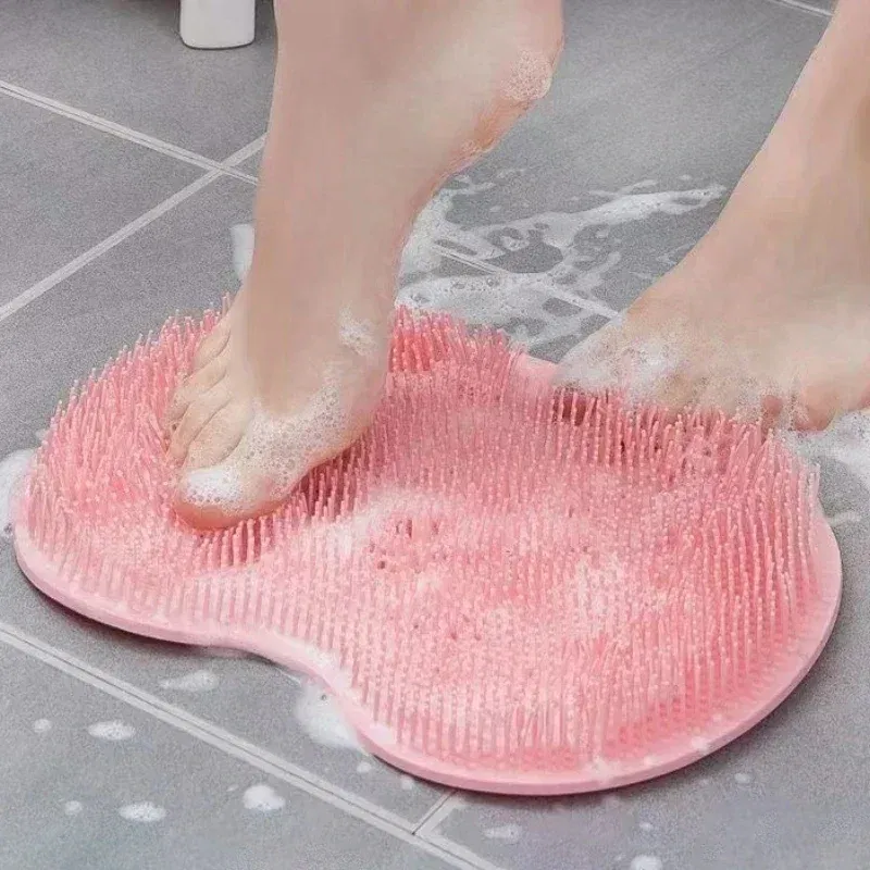 Color: Blue - Non-slip Shower Mat Silicone Massage Wash Foot Pad Bath Massage Brush Pad Bathroom Rub Back Brush with Sucker Cleaning Tools