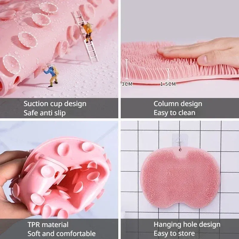 Color: Blue - Non-slip Shower Mat Silicone Massage Wash Foot Pad Bath Massage Brush Pad Bathroom Rub Back Brush with Sucker Cleaning Tools