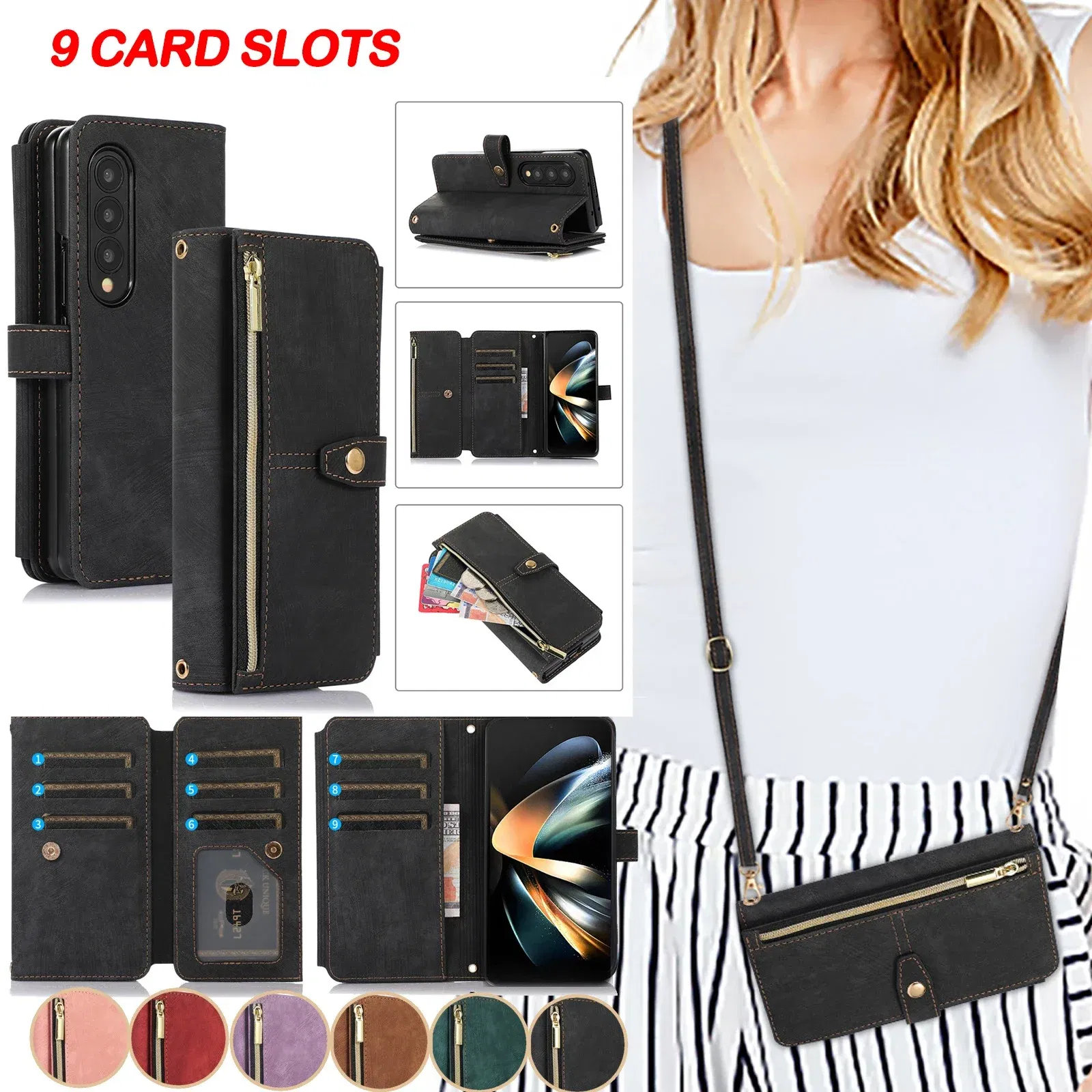 Color: Brown, Material: Cotton - Crossbody Wallet Phone Case for Samsung Galaxy Z Fold 6 5 4 3 Fold5 Fold4 Fold6 5G Card Holder Stand Lanyard Flip Leather Cover