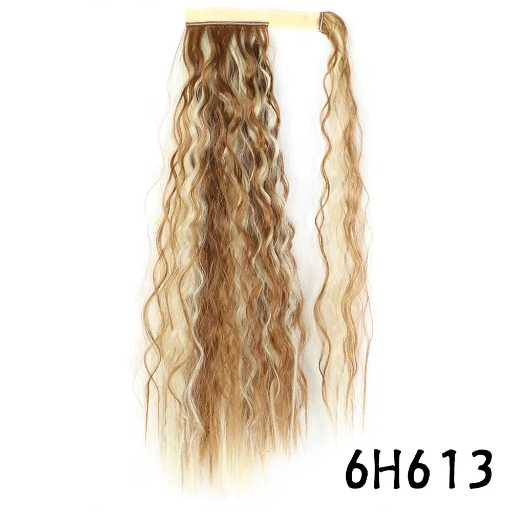 Color: NC/4HL, Stretched Length: 22inches - Synthetic Long Corn Wavy Ponytail Hairpiece Wrap on Hair Clip Ombre Brown Blonde Hair Extensions Pony Tail