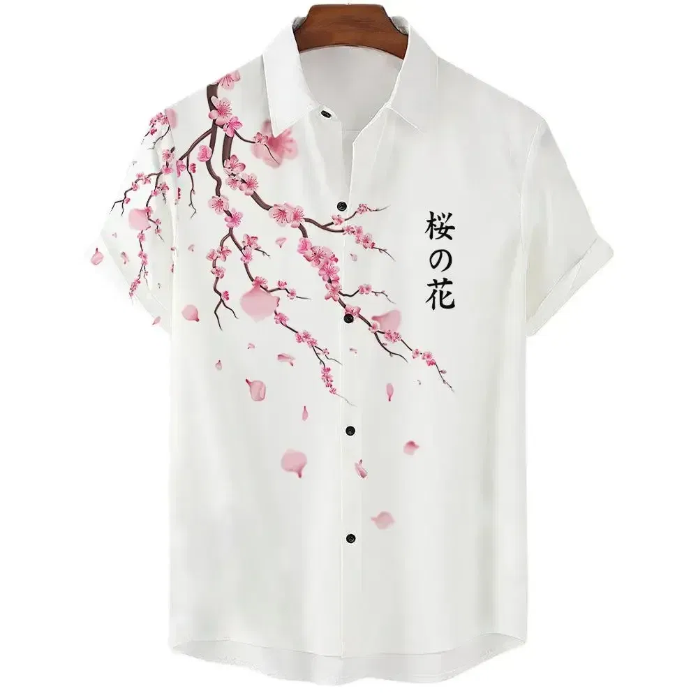 Color: Fuchsia, Size: XXXL - Fashionable Luxury Social men's Shirt Lapel button-down Shirt Casual Japanese Aesthetic Cherry Blossom Print short-sleeved Tops