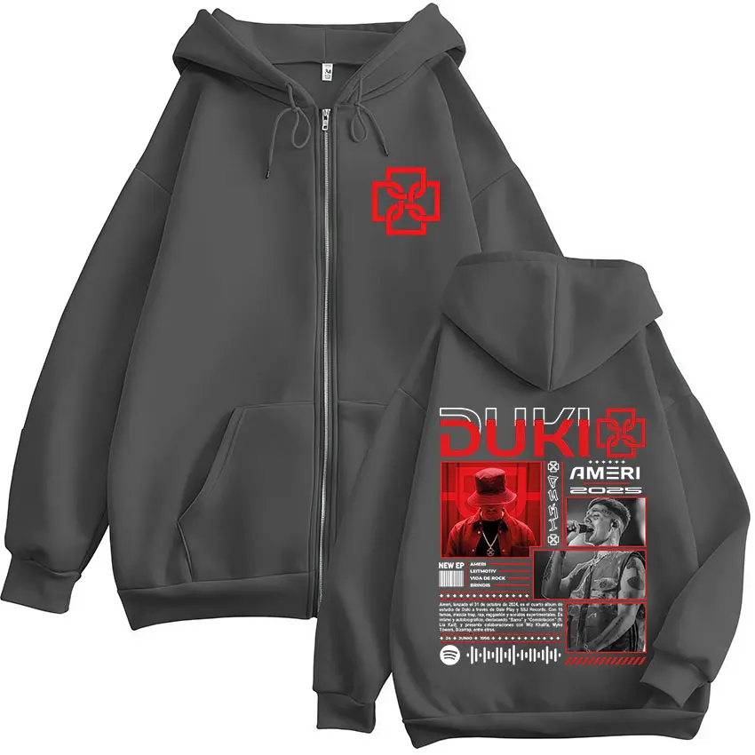 Color: GRAY, Size: XL - Rapper Duki Ameri World Tour 2025 Zipper Hoodies Men Women Clothing Fashion Hip Hop Zip Up Hooded Oversized Sweatshirts Jackets