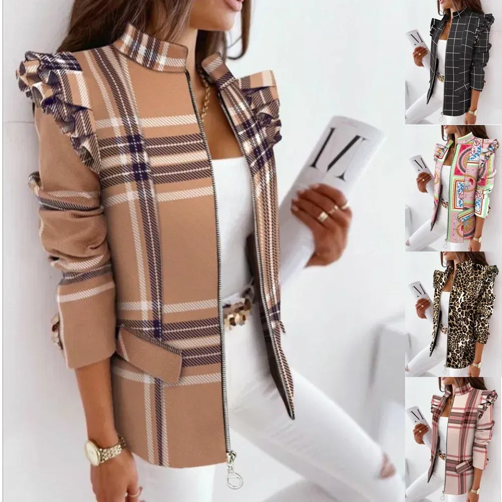 Color: WHITE, Size: L - 2022 Autumn and Winter Ruffled Long-sleeved Zipper Print Small Suit Jacket Women Blazers for Women Cropped Blazer Ladies Tops