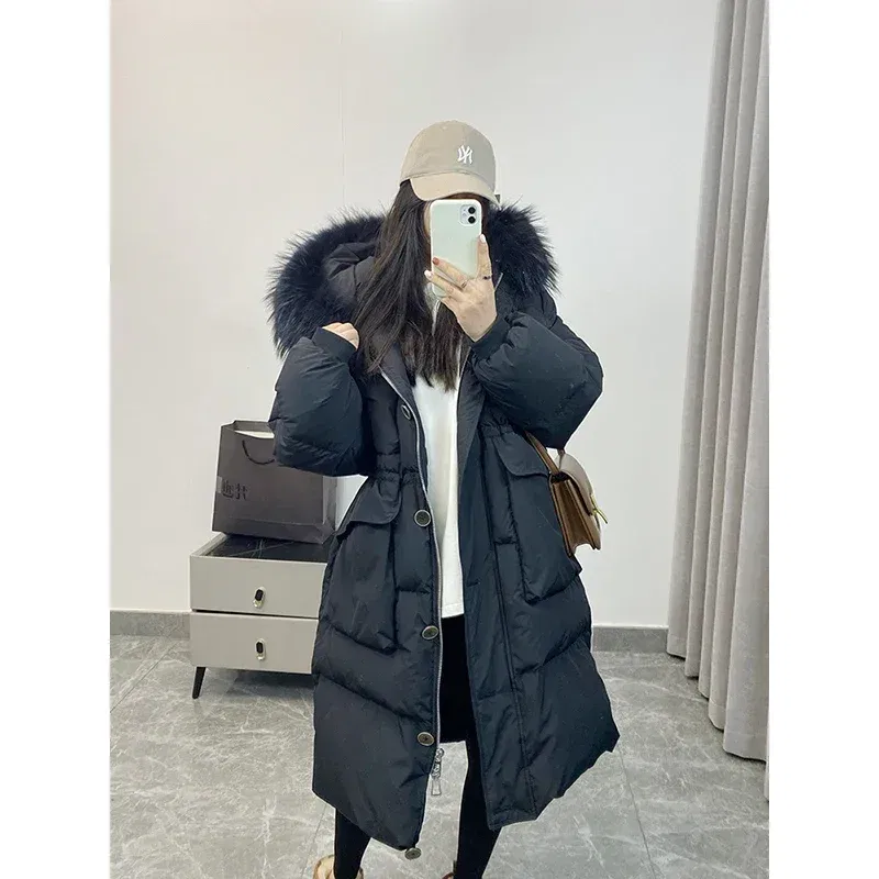 Color: black, Size: M - Down Jacket Women Waterproof Winter Long Puffer Jacket 2024 Real Raccoon Fur Hooded Duck Down Coat Female Rain Feather Parkas