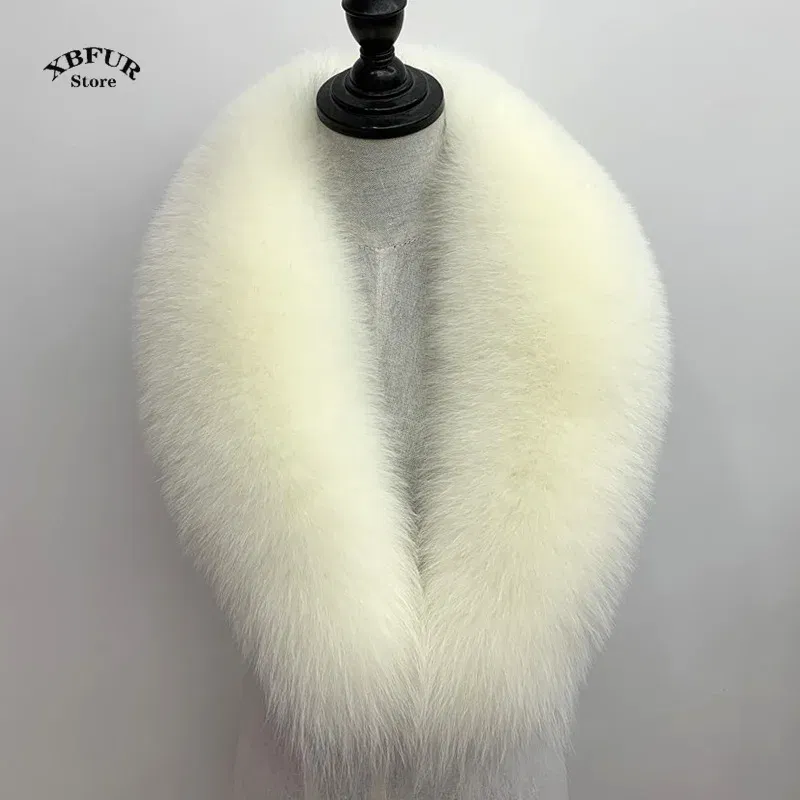 Color: Beige, Size: XL - Winter Real Fox Fur Collar Woman Black Natural Fur Scarf Shawl For Women Collars Wraps Neck Warmer Fur Scarves Luxery Scarf Men