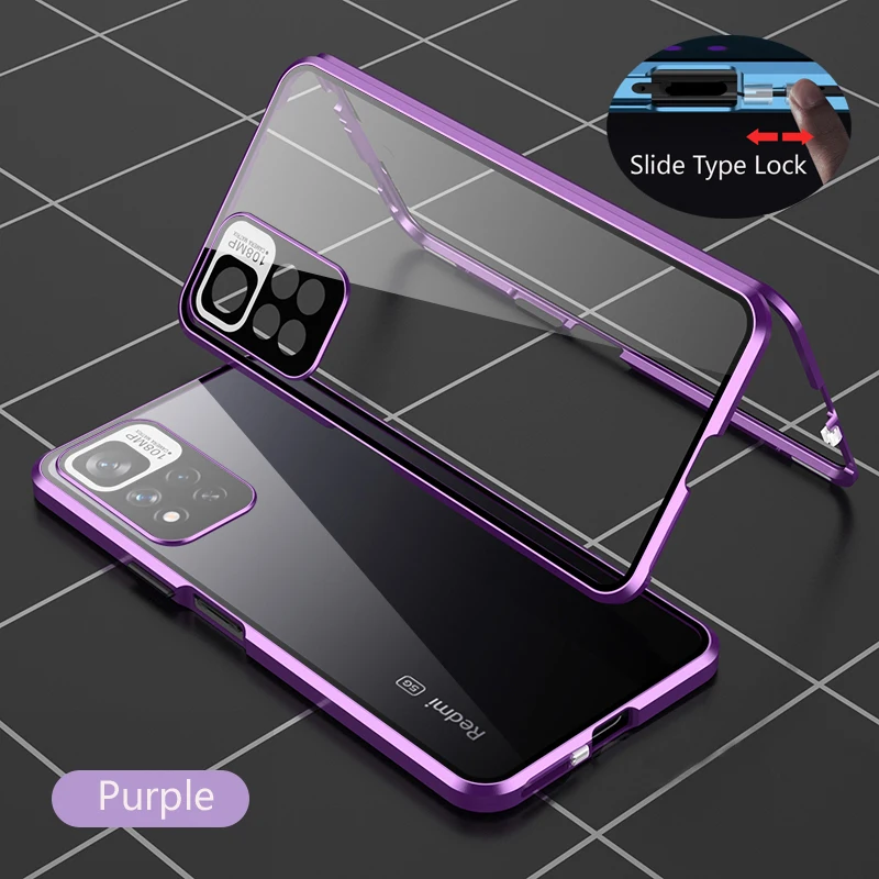 Color: PURPLE, Bundle: Case & Screen Protector, Material: aluminum - Full Protection Case Metal Magnetic Double Sided Glass Snap Lock Case For XiaoMi Redmi Note 13 Pro Plus 5G Bumper Phone Cover