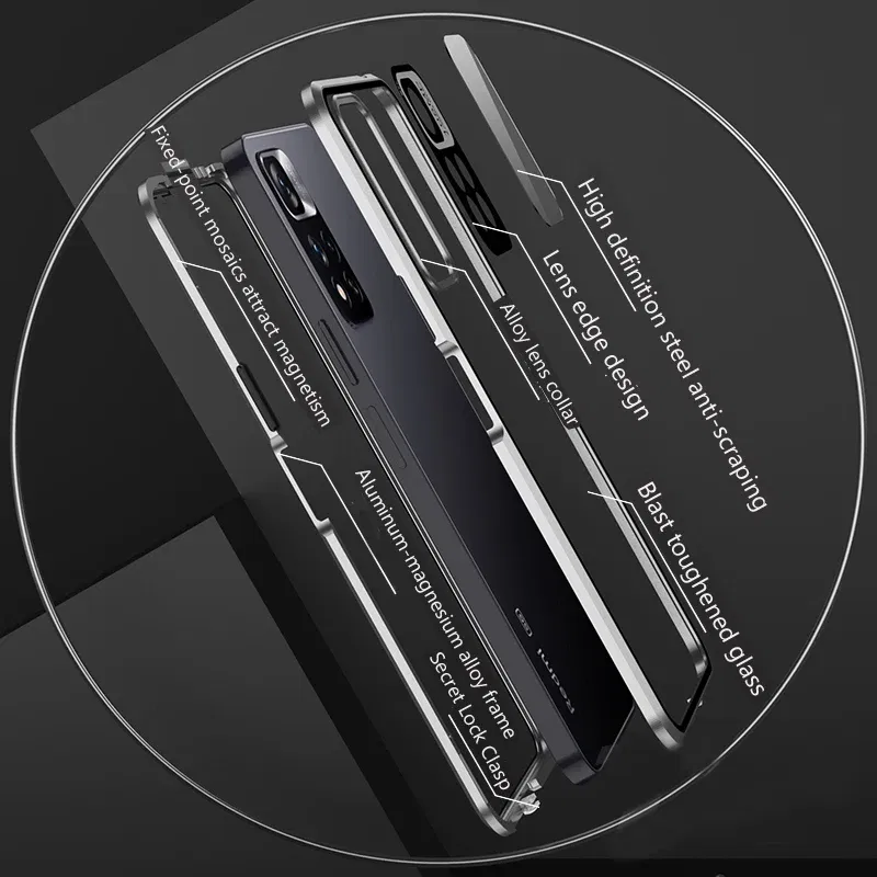 Color: PURPLE, Bundle: Case & Screen Protector, Material: aluminum - Full Protection Case Metal Magnetic Double Sided Glass Snap Lock Case For XiaoMi Redmi Note 13 Pro Plus 5G Bumper Phone Cover