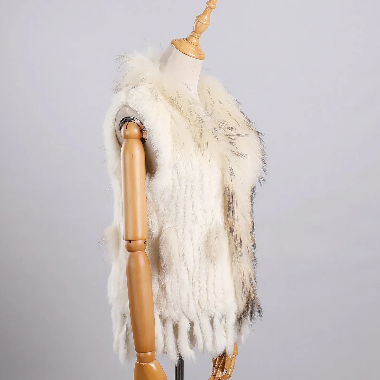 Color: Beige, Size: S - Luxury Women's Genuine Premium Long Hair Rabbit Fur Knit Vest Raccoon Fur Trim Gilet Lady Sleeveless Waistcoat Real Fur Jacket