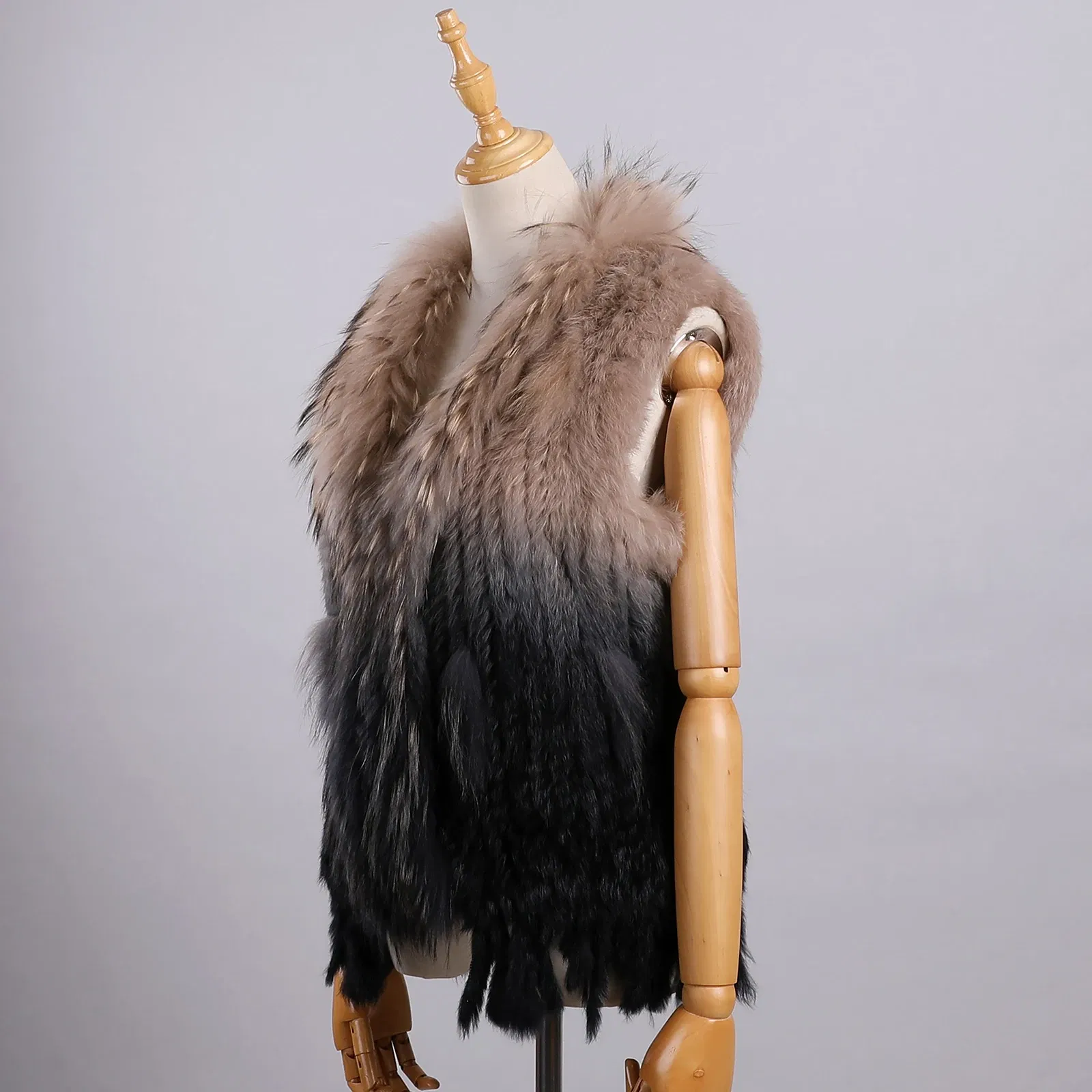 Color: Beige, Size: S - Luxury Women's Genuine Premium Long Hair Rabbit Fur Knit Vest Raccoon Fur Trim Gilet Lady Sleeveless Waistcoat Real Fur Jacket
