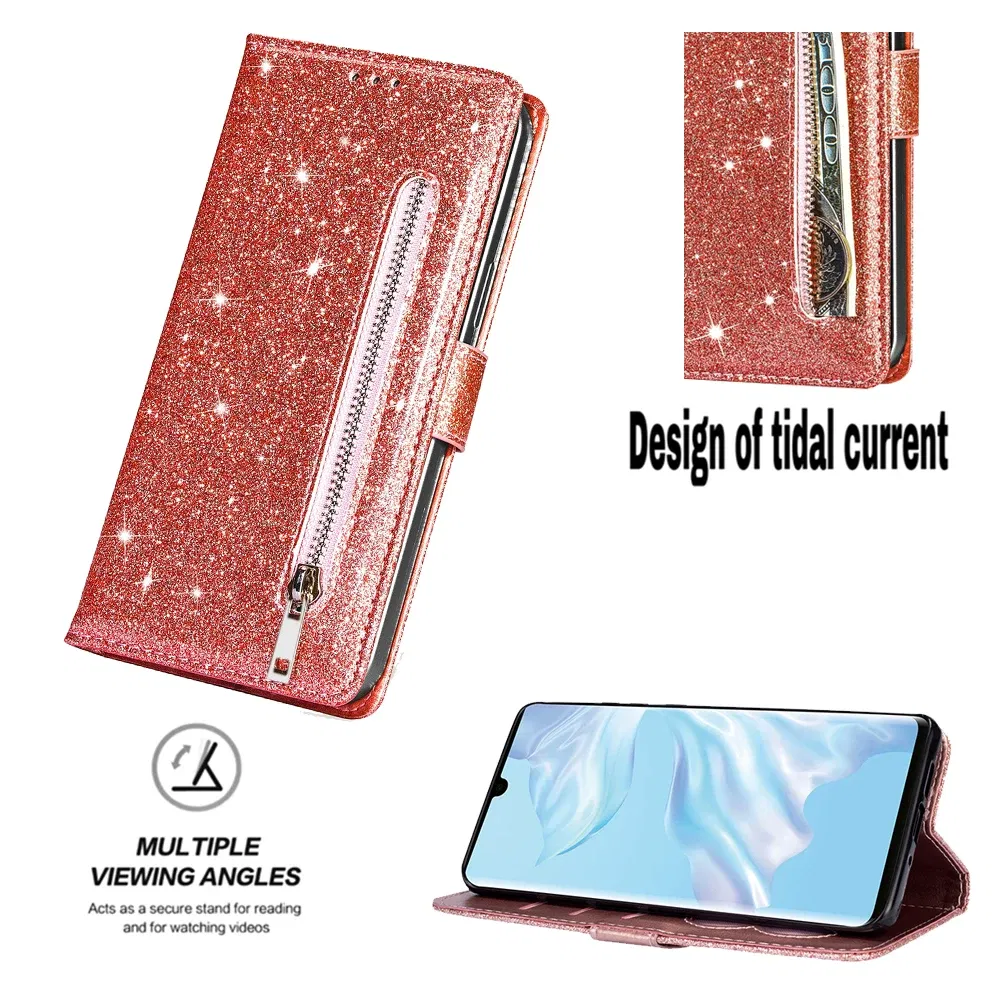 Color: Rose Red, Material: Carbon Fiber - Zipper Flip Wallet Glitter Leather Case for iPhone 16 15 14 13 12 11 Pro Max XS XR 8 7 Plus SE 2022 Mini Bling Stand Phone Cover
